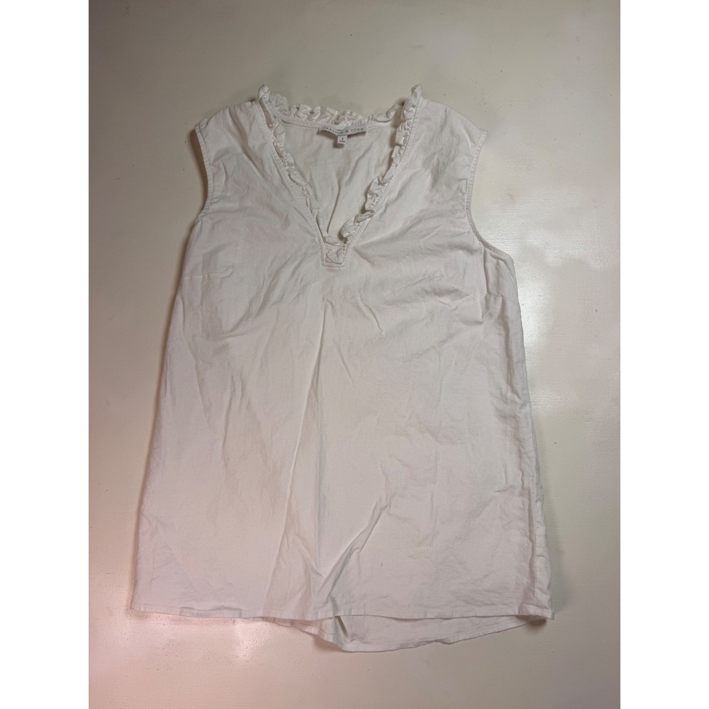 Preston & York Sleeveless Top Women Size 8 White Excellent Ruffled V-Neck Linen
